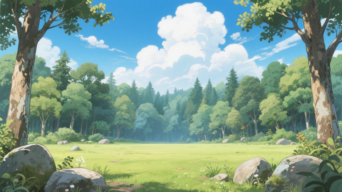 一片广袤的森林，正前方是一片草地，草地后方左右两旁有大小不一的石头围绕着草地，石头后面有森林，参杂植物着草地，有蓝天白云，树木细节丰富，树叶纹理清晰，树干有斑驳质感，天空有飘动的云朵和细腻的光影层次，预览效果