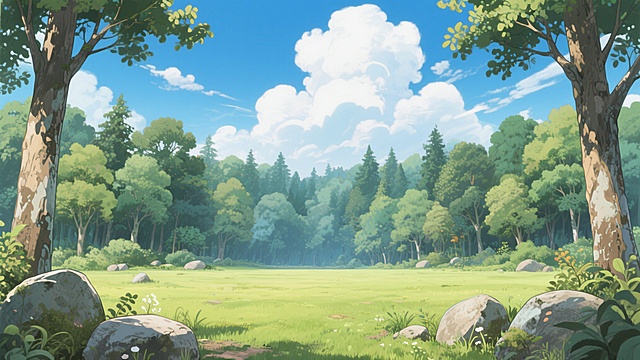 清新水彩风动漫场景，绿树成荫，蓝天白云，自然宁静。