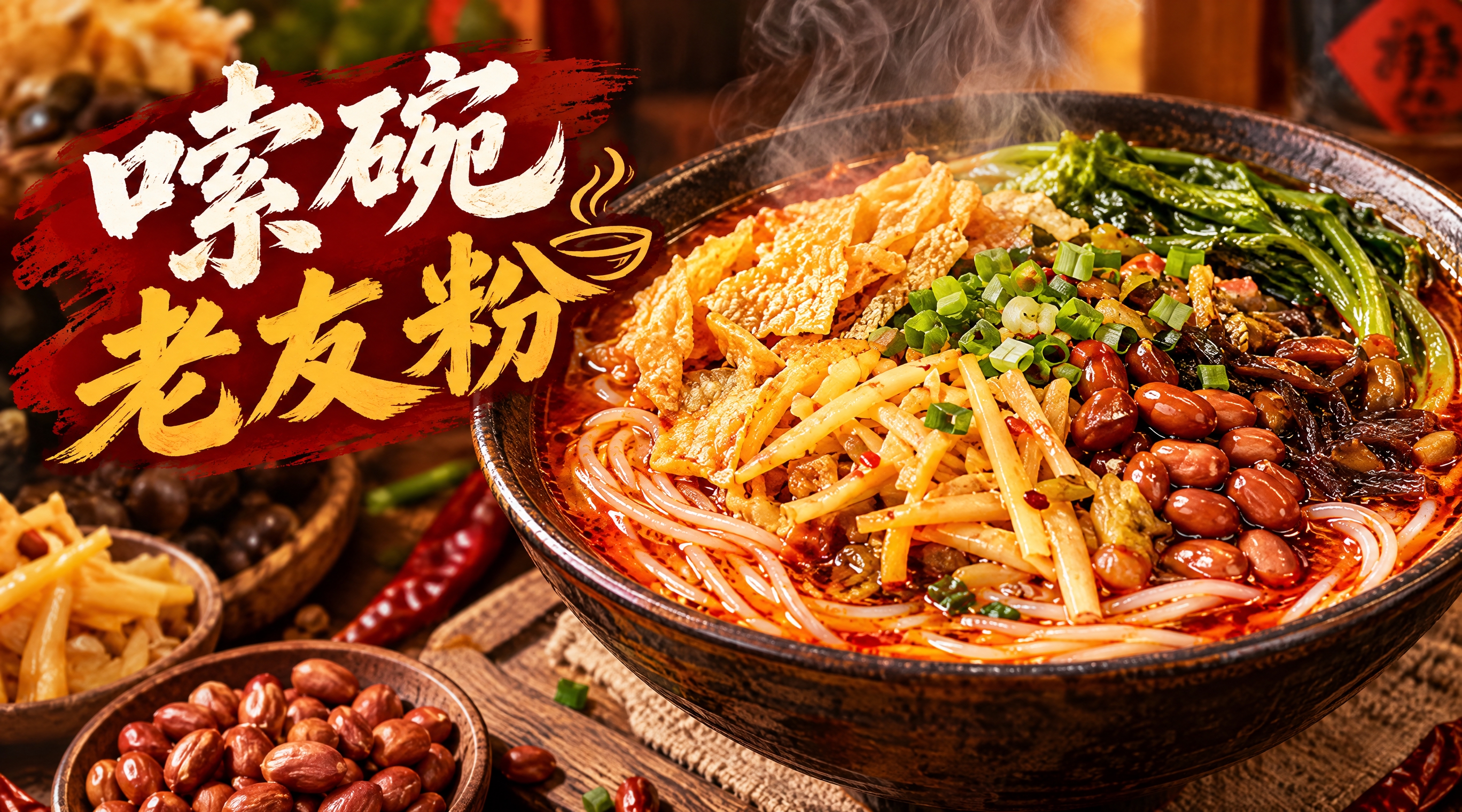 螺蛳粉店铺店招设计，横版构图，画面主体是一碗热气腾腾的螺蛳粉美… - 图片创意预览
