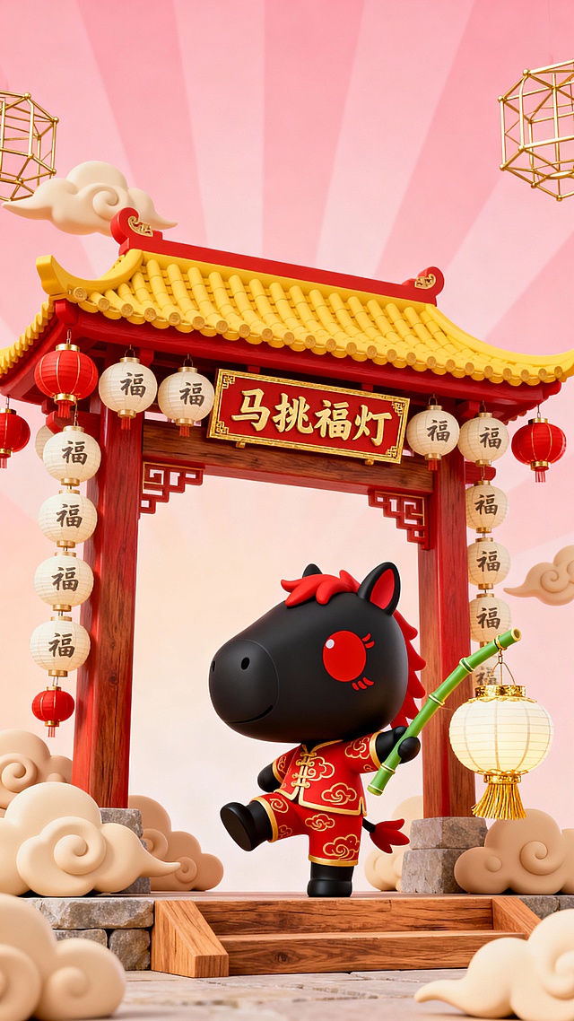 微仰视视角，暖粉色调场景，柔和全局光照搭配暖粉放射状渐变光效。主体为木质中式灯笼坊，坊身红漆描金，屋顶是攒尖黄瓦，檐下悬挂 “马挑福灯” 金边红底金字牌匾。灯笼坊两侧及横梁挂满串状米白福字灯笼，周围环绕立体暖米色祥云模型，穿插几串红色小灯笼。画面中央是占比 30% 的黑色大头 Q 版黑马卡通 IP，面部仅红色巨眼 + 红色可爱下睫毛，短小红鬃毛，侧身朝向灯笼坊，单脚翘踢站立，身着红底金云纹中式短打，手持绿色竹节杆挑着一个元宝造型灯笼（金色流苏，米白色灯笼面）。灯笼坊底部是原木色石阶，背景为暖粉放射状渐变，角落点缀金色灯笼骨架装饰。