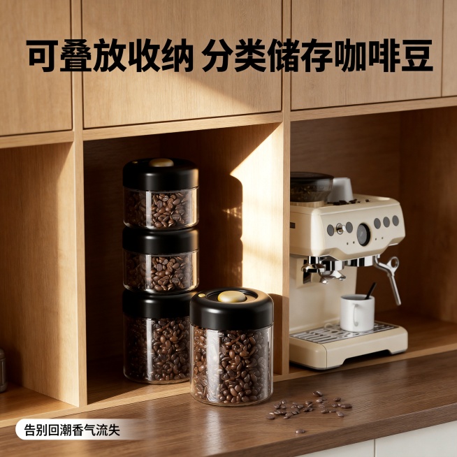 [主图-4] 真空密封储物罐使用场景展示，咖啡豆分装收纳
[氛围风格] 温馨家居厨房氛围，真实生活场景代入感
[画质] 商业摄影质感，光线柔和通透，产品清晰真实，画面干净高级
[元素] 多个不同容量的预览效果