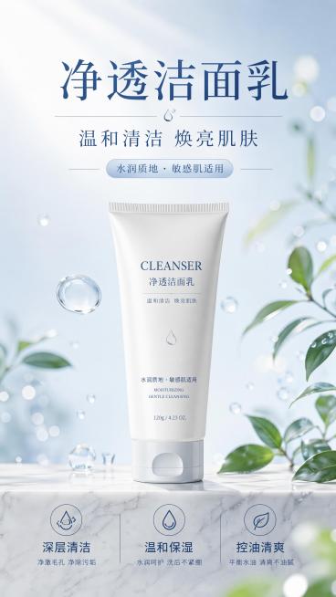 清透高级商业风格美妆洁面乳营销海报，主标题文字“净透洁面乳”，副标题文字“温和清洁 焕亮肌肤”，装饰文案“水润质地 · 敏感肌适用”，卖点标签：“深层清洁”“温和保湿”“控油清爽”。洁面乳产品居中展示预览效果