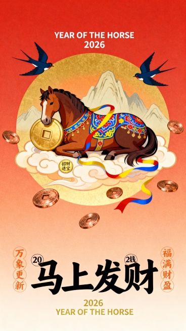 纯扁平风，国潮风描边插画，极繁，丰富细节的国潮插画，扁平插画，正红红渐变浅橙底色，搭配祥云。画面主体为金色圆形构图，中央是棕深棕骏马，马身装饰蓝红黄传统缠枝花纹样，缠绕飘带，马卧在祥云上，马头靠在一个预览效果