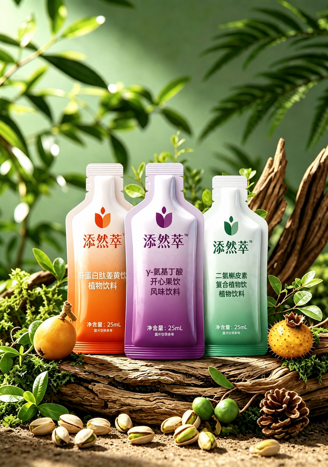 将图中的三款添然萃饮料瓶替换为参考图中的三款产品外观：左瓶为橙… - 图片创意预览