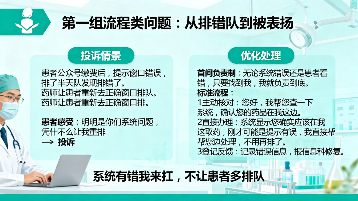 医疗机构药剂科窗口服务培训PPT案例页，标题：【第一组】流程类问题：从排错队到被表扬，左侧是投诉案例：标题：投诉情景，正文：患者公众号缴费后，提示窗口错误，排了半天队发现排错了。药师让患者重新去正确窗预览效果