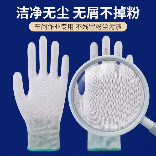 [主图 3] PU劳保手套洁净卖点主图，保持手套外观（物理结构、材质质感、颜色）与输入产品图https://1.png绝对一致，杜绝任何变形和色差。
[氛围风格] 简约高级商业电商主图风格，保持与主图预览效果