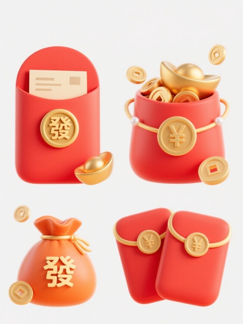 一套4个规整排布的电商营销素材，简约现代风格，纯白色背景，无任何文字、logo和水印。第1个为原红色红包主体；第2个：红色立体红包，正面圆形金色“發”字，红包口露出米色票据，旁边搭配金色元宝和铜钱，传递富足且带有福利的感觉；第3个：红色主体红包，正面圆形金色“發”字，旁边装满金元宝的橙色钱袋，金色铜钱点缀，洋溢新春招财进宝的气息；第4个：两个红色红包，边缘金色装饰，正面圆形人民币符号标识，周围……预览效果