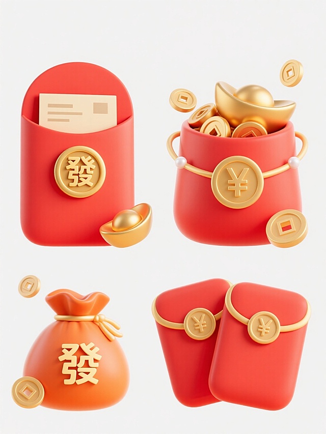 一套4个规整排布的电商营销素材，简约现代风格，纯白色背景，无任何文字、logo和水印。第1个为原红色红包主体；第2个：红色立体红包，正面圆形金色“發”字，红包口露出米色票据，旁边搭配金色元宝和铜钱，传递富足且带有福利的感觉；第3个：红色主体红包，正面圆形金色“發”字，旁边装满金元宝的橙色钱袋，金色铜钱点缀，洋溢新春招财进宝的气息；第4个：两个红色红包，边缘金色装饰，正面圆形人民币符号标识，周围线条和珍珠等元素点缀，金色铜钱，结合新春与财富元素，精致又富有节日氛围。所有元素采用光滑圆润的矢量插画风格，明亮饱和的色彩，柔和高光与细腻阴影增强立体感，整体构图均衡，单个素材独立完整，充满欢快吉祥的视觉效果。