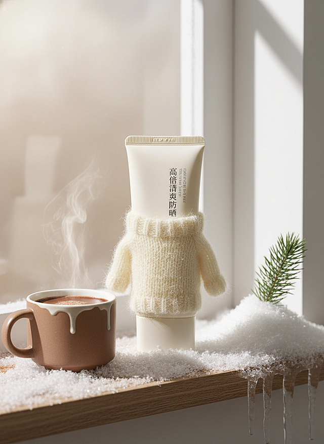 给商品穿奶白小毛衫（露包装细节），背景是积雪窗台，装饰冒热气的热可可杯、窗沿冰晶，旁立迷你雪堆，配色奶白 + 浅棕，温馨暖调。