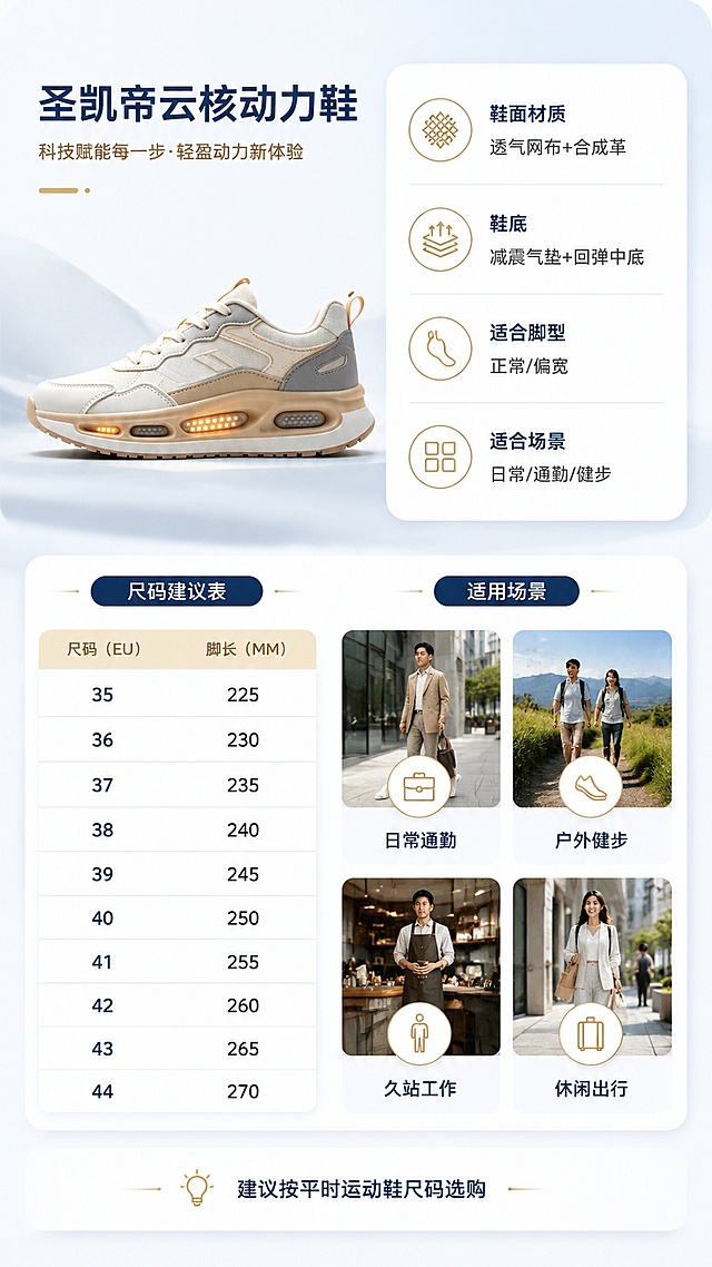 [第8屏] 详情页产品信息-圣凯帝云核动力鞋尺码与适用场景。本屏使用【图1】作为产品展示小图。
[氛围/风格] 清晰信息风，浅蓝白干净背景，规整卡片式布局，商业摄影质感。
[元素布局] 画面上半部分左侧放鞋子侧面小图（占比约25%），右侧放产品基本信息卡片；下半部分放尺码建议表和适用场景图标；整体信息丰富但不拥挤。
[光影质感] 整体均匀明亮柔光，信息卡片有轻微阴影增加层次感，鞋子小图清晰干净。
[配色色系] 全局底色 #F5F8FC 浅蓝白；主色米白鞋身；辅助色藏青标题、浅灰分割线；点缀色暖金色强调。
[视角构图] 上下结构，上产品+信息卡，下尺码+场景，阅读动线从上到下。
[文字版式] 版式为上半区产品+参数卡，下半区尺码表+场景图标。上半区标题「圣凯帝云核动力鞋」，参数卡列出：鞋面材质「透气网布+合成革」、鞋底「减震气垫+回弹中底」、适合脚型「正常/偏宽」、适合场景「日常/通勤/健步」；下半区左侧尺码表（35-44码对应脚长），右侧4个场景图标：「日常通勤」「户外健步」「久站工作」「休闲出行」；底部小字「建议按平时运动鞋尺码选购」；文字大小适中，表格清晰。
[比例分辨率] 9:16 竖版比例，4K 分辨率，文字清晰可辨，高清画质。
[负向提示词] 鞋身变形，缺件错件，颜色偏差，水印，文字错乱，产品图模糊，背景杂乱。