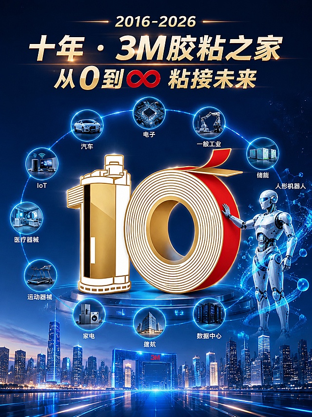 设计3M胶粘之家10周年品牌开屏海报，主视觉数字10由胶带和胶粘瓶构成，完全还原参考图外形结构，1为瓶身、0为胶带卷，保留红金色轮廓。10周围环绕11个应用行业：汽车、电子、一般工业、储能、人形机器人、数据中心、建筑、家电、运动器械、医疗器械、IoT。人形机器人放置在画面最右侧，做出抬手动作，手部自然接触主体胶带，机器人周身环绕流动胶水分子图形和蓝色发光数据流，整体科技感强烈。底部为科技感城市天际线夜景，呈现电影级质感光影效果，简化行业场景的细节刻画，整体风格高级大气磅礴。画面包含指定文案：顶部"2016-2026"，主标题"十年 · 3M胶粘之家从0到∞ 粘接未来"，文字清晰排版舒适。整体尺寸比例为3:4，科技蓝色调，商业质感，版式精美。