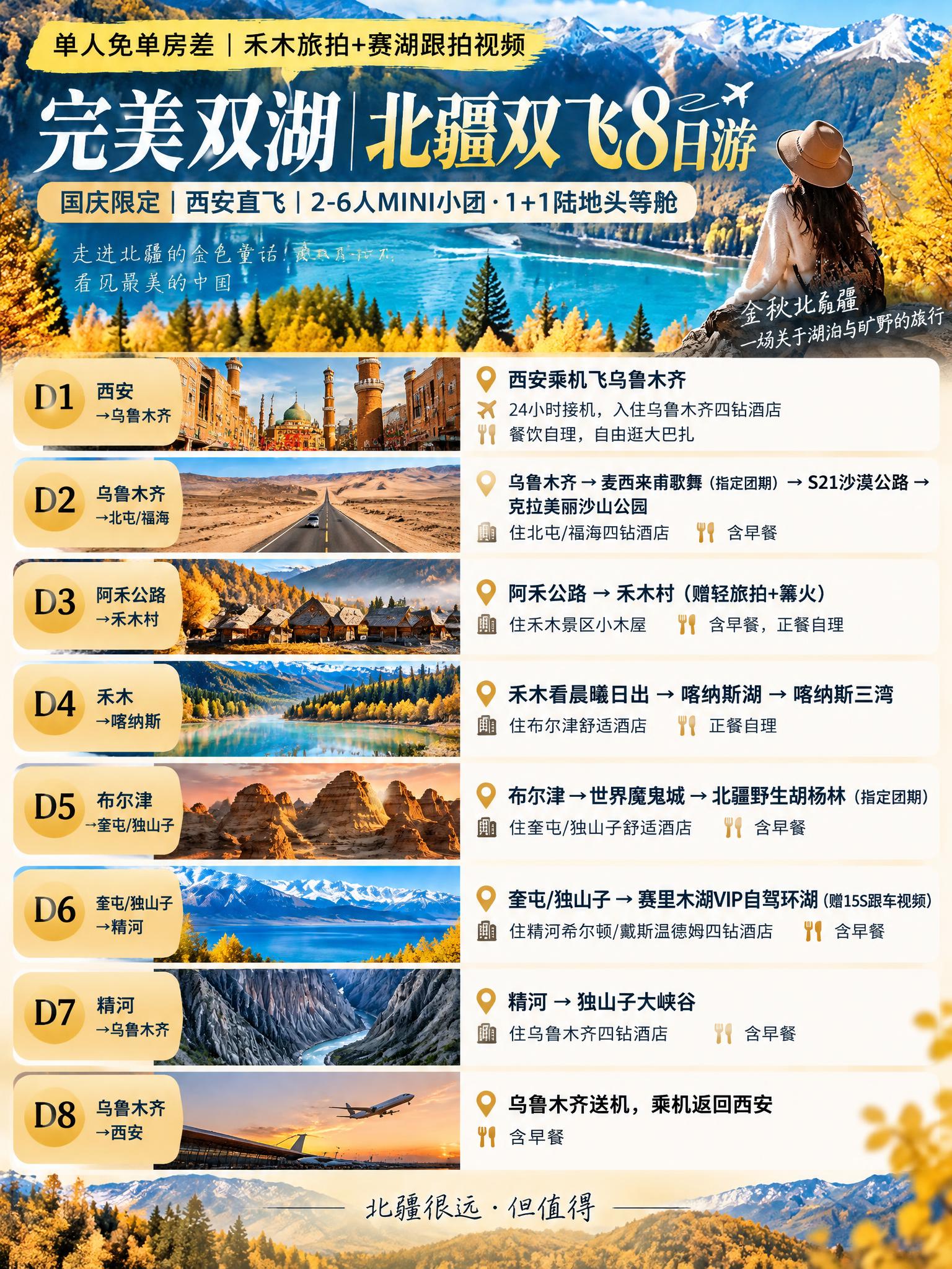 基于这张完美双湖北疆8日游海报的整体风格和视觉元素，重新设计一… - 图片创意预览