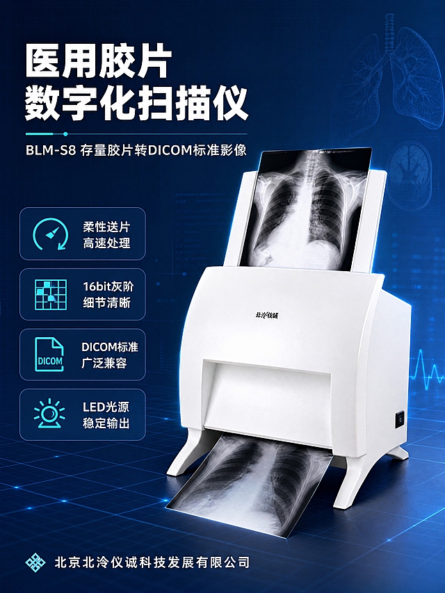 [商品] 使用【图1】BLM-S8型医用胶片扫描仪；保留白色机身、顶部进片口、底部出片口、正面Logo、整体结构比例和胶片扫描方向；修复产品边缘和表面质感，增强机身白色光洁度，不改变产品结构和外观。
[画面] 目标为医用胶片扫描仪专业头图，突出产品全貌与核心价值。左文右图构图，产品占画面约55%，位于右侧居中偏上位置，顶部进片口插入X光胸片胶片，底部出片口自然吐出胶片。左侧为文案区，背景为深蓝色渐变科技感背景，带有细微网格线和医疗影像元素。阅读动线从左上主标题→副标题→卖点→产品。前层为产品主体，中层为文案信息卡，后层为深蓝科技渐变背景与微弱的医学影像轮廓光。
[视觉] 套系策略：风格=专业医疗科技商业摄影风；标题字=现代无衬线粗黑体；正文字=简洁无衬线体；主色=深海蓝；背景延展=基于深海蓝做深浅渐变、同色层级和细腻科技网格质感；强调色=医疗青蓝色，仅用于小面积图标、引线、标签和局部光效；标题色=纯白色；正文色=浅灰蓝色；组件=圆角深蓝信息卡、细线引线、医疗图标；光影=左前侧冷调柔光，产品边缘有轮廓光，背景有微弱放射光效。
[文字] 左上主标题「医用胶片数字化扫描仪」，副标题「BLM-S8 存量胶片转DICOM标准影像」，下方4个短卖点胶囊：「柔性送片 高速处理」「16bit灰阶 细节清晰」「DICOM标准 广泛兼容」「LED光源 稳定输出」。底部标注「北京北泠仪诚科技发展有限公司」。文字均为横排，不遮挡产品主体和进片出片结构。
[规格] 图片比例3:4竖版，4K分辨率，避免变形、错字、文字过小、产品颜色改变、结构失真、极限词、虚假宣传。