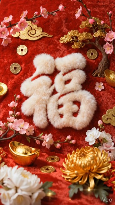 保持画面中心的福字完全静止不动，让周围的桃花花瓣轻轻摇曳，金币、金元宝和金色装饰微微发光晃动，红色毛绒背景保持稳定，整体营造祥和喜庆的新年氛围预览效果