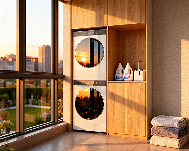 A cozy and bright laundry balcony at sunset. The washing and drying machine set from the reference image is stacked and integrated into a warm light oak wood cabinet. Next to the machines, there are neatly organized laundry detergent bottles in aesthetic dispensers. Large windows in the background showing a blurred city garden view. Soft golden hour sunlight, realistic fabric textures on a few folded towels nearby. Highly detailed, cozy atmosphere, shot on Sony A7R4, realistic reflections on the glass doors of the machines.