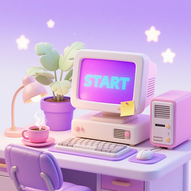 主体是一台80年代显示器，粉白配色复古的显示器、主机、键盘、鼠标，显示器上贴有黄色便利贴，屏幕显示紫粉色渐变发蓝色荧光的像素英文大写字母：”START”，周围摆放浅色大片绿叶的植物，紫色花盆，复古台灯发着暖光，粉色水杯，里面有咖啡，微微冒着烟，整体卡通化设计，在浅紫色的皮质垫子上，边角略微翘起，背景是浅紫白色的渐变，多巴胺配色，撞色，潮流华丽时尚，星星