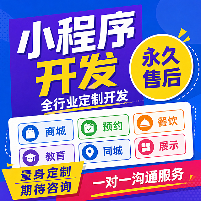参考这张图片生成新的小程序开发宣传图，更换底图颜色，更换文字颜色，重新打乱排版，需要1比1的正方形图片比例，保留所有文字内容：小程序开发，全行业定制开发，商城、预约、餐饮、教育、同城、展示，永久售后，量身定制 期待咨询，一对一沟通服务