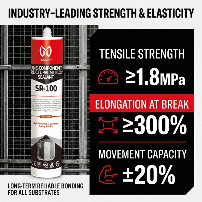 1:1正方形画幅，美式工业硬核数据可视化风格，杂志级左右对称网格排版，画面左半部分为INGADA SR-100产品实物竖版侧拍特写，完整呈现包装品牌、型号与核心标识，严格还原上传的产品图，包括包装设计预览效果