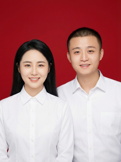 制作一张结婚登记照风格的图片，要求画面清晰、正式 。 画面中女在左男在右，女性留着黑色长发，妆容精致，穿着白色衬衣；男性五官端正表情自然，白色衬衫 。背景为红色 。预览效果