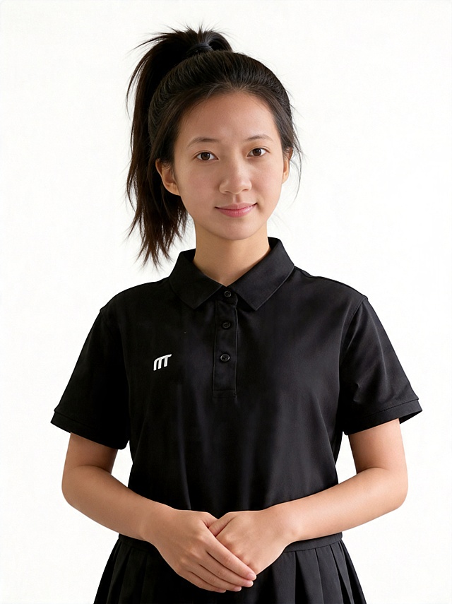 完全保留原黑色polo裙服装不变，仅调整：参考图中保留人物脸型、五官特征，发型保持清爽的高马尾，调整肤色更加白皙去掉偏黄感，加重清透裸妆，表情调整为自然微笑，背景改为纯白色；生成少儿体适能教练的职业形象照，让整个人看起来更精神阳光；参考图中保留人物脸型、年龄等特征生成职场形象照,标准焦段50mm,f/4光圈(f/2.8-f/4区间),平视视角(镜头与人物视线齐平);人物占画面70%,人物居中(居中构图),位于画面中心,为视觉聚焦点,入境范围头部及以下至臀部下方10cm(半身像);左右留少量背景空间;头部与画面顶部保留5%空间;头部发型完整,头肩比例协调,人物结构准确;完全保留原黑色棉质短袖polo衫polo裙服装不变，不做任何修改；阳光自律、积极向上活力满满;身形匀称,姿态端正,身体挺拔。呈双手交叠于身前的自然姿态，肢体放松且自信;发质微微柔顺，微微蓬松。简约纯白色纯色背景(呈现均匀柔和质感),背景光线均匀柔和,强化色彩对比的高级感。极简干净;32k画质超高分辨率、细节清晰,现代精致感风格;肤质精细化处理;眼神直视镜头,目光坚定且澄澈,表情自然微笑。清透自然裸妆(轻薄底妆+淡唇妆)妆感轻薄轻透裸肌感,通透感肤质,肤质自然细腻,肤色白皙均匀,雾面柔光裸肌感,保留真实皮肤细节｡正面柔光补光,4800K中性光,面部光比1:1.5,色调明亮｡中近景写实摄影,对焦清晰,高清保留皮肤细节｡分辨率4K,去除人物之外的所有元素。严格按照图片内容生成，服装完全不变维持原样。画面比例3:4