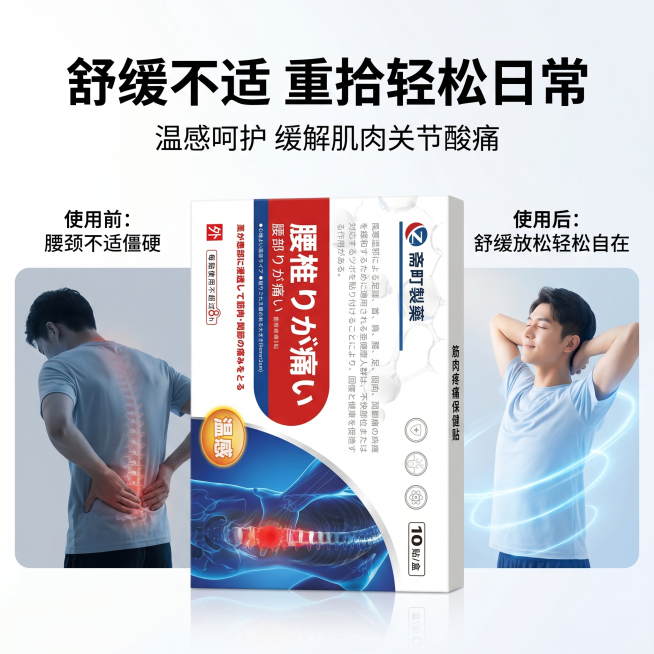 [主图-11] 斋町製藥筋骨疼痛保健贴使用前后对比主题图；
[氛围风格] 日系简约医疗风融合科技机能风；
[画质] 产品清晰真实、画面高清通透、高级有质感，产品细节保留完整，文字清晰可辨，整体图片大小预览效果