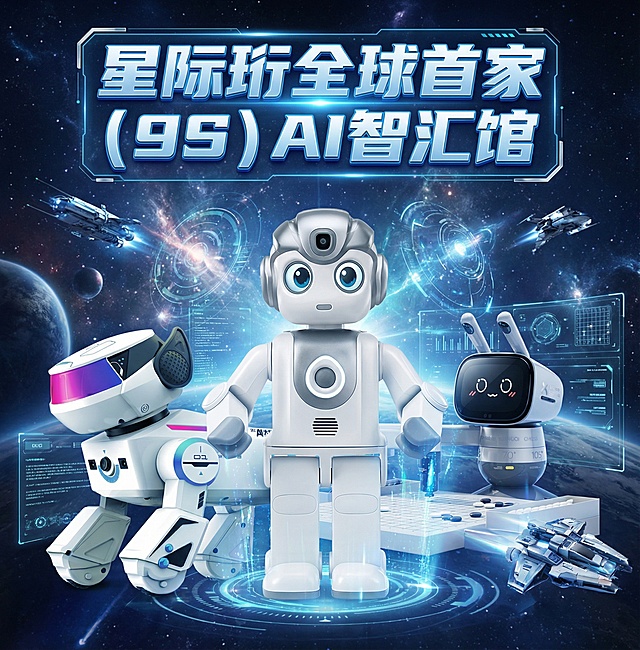 根据三张产品图片帮我设计一个星际珩全球首家（9S）AI智汇馆的海报