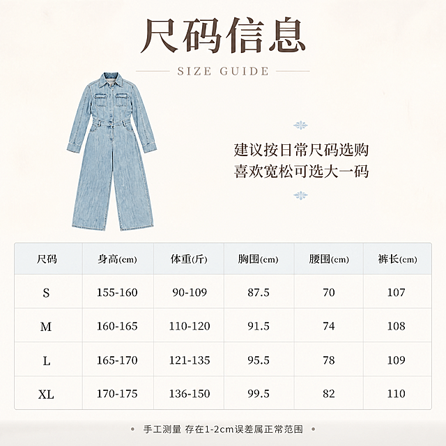 [第10张] 尺码信息页 - 尺码表与选码建议。本张使用【图3】作为正面平铺小图参考，保持产品一致。
[氛围/风格] 极简高级信息卡风格，quiet luxury质感，清晰易读。
[元素布局] 上半部分左侧为连体裤正面平铺小图，右侧为选码建议文字；下半部分为完整尺码表格，包含S/M/L/XL四个尺码，对应身高、体重、胸围、腰围、裤长数据；背景浅米白纸张质感，底部浅灰地面投影；表格线条纤细清晰。
[光影质感] 均匀柔光，整体明亮清晰，表格文字锐利可读，无阴影干扰。
[配色色系] 全局底色#FAF8F5米白；主色浅蓝牛仔#A8C4D8；辅助色深棕#3E3A36、浅灰表格线#D0CCC5、表头浅蓝#E8F0F5。
[视角构图] 上下构图，上方平铺小图+选码建议，下方尺码表，居中对称，平视角度。
[文字版式] 顶部主标题「尺码信息」大号衬线字体；英文小标题「SIZE GUIDE」细体；右侧选码建议「建议按日常尺码选购 喜欢宽松可选大一码」；表格表头：尺码、身高(cm)、体重(斤)、胸围(cm)、腰围(cm)、裤长(cm)；表格数据行：S-155-160/90-109/87.5/70/107，M-160-165/110-120/91.5/74/108，L-165-170/121-135/95.5/78/109，XL-170-175/136-150/99.5/82/110；底部小字「手工测量 存在1-2cm误差属正常范围」。
[比例分辨率] 9:16竖版比例，4K分辨率，表格文字清晰可辨。
[负向提示词] 表格错乱，数据错误，文字模糊，水印，服装变形，颜色偏差，背景杂乱。