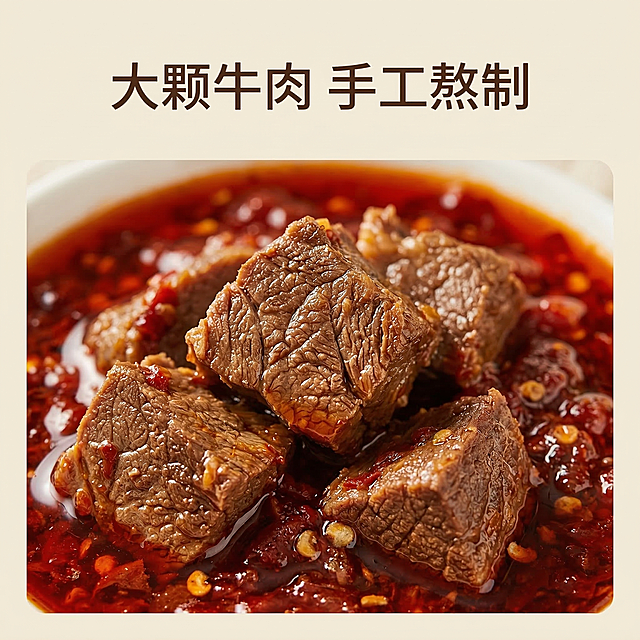 [垫图] https://gdesign-dam-hz.dancf.com/35882787390609479/13d024c6d9c74602b6efa5519e4db11d.png 
[主图主题] 大颗粒牛肉卖点电商主图
[氛围/风格] 清新简约风格，真实质感，明亮自然光
[画面元素] 牛肉辣椒酱大颗粒牛肉微距特写，浅米色统一干净背景铺满全屏，自然光柔和漫射，清晰展示牛肉颗粒纹理，突出真材实料，特写占据画面核心位置
[配色色系] 主色调：浅米色，辅助色：牛肉棕红，辣椒酱红
[视角构图] 微距特写，居中构图
[文字版式] 文案 "大颗牛肉 手工熬制"，字体为简洁无衬线体，深棕色，位于画面上方留白处居中排版，不遮挡牛肉特写细节，整体干净通透。