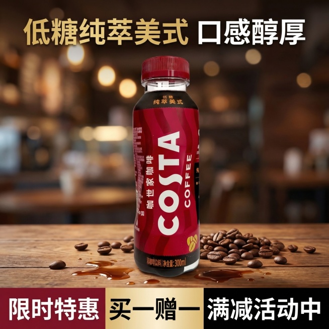电商主图，背景是温暖的咖啡馆桌面，桌面上散落着烘焙咖啡豆，还有少量倾倒的深棕色咖啡液，COSTA纯萃美式咖啡瓶放在画面正中间，产品完整清晰，顶部20%区域是核心卖点文字"低糖纯萃美式 口感醇厚"，底部预览效果