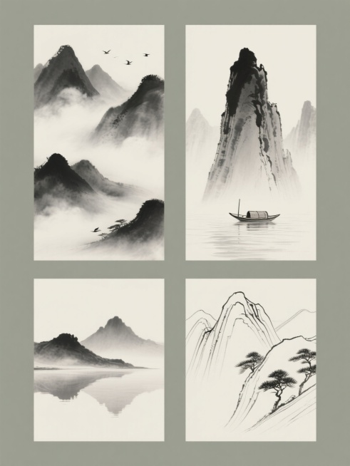 中国水墨画风格的系列远山素材集合，纯色背景，四幅完全不同造型的远山元素规整排布。每幅远山均采用墨色浓淡变化表现层次感，运用传统水墨画的晕染技法，营造出空灵悠远的意境。第一幅：层叠起伏的远山，山间云雾缭绕，几只飞鸟点缀其间；第二幅：孤峰耸立，山脚下一叶扁舟，水面波光粼粼；第三幅：平缓的远山与近水相映，水中有山的倒影；第四幅：线条勾勒的远山，山体脉络清晰，山间有几棵松树。整体风格统一，保持水墨画的……预览效果