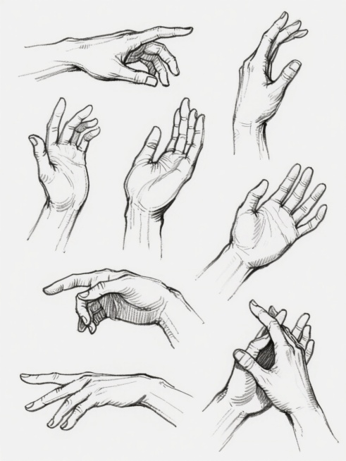 一张白色背景上的手部姿势速写集，采用干净利落的纯黑色线条绘制，线条流畅自然，富有表现力，展现了多只手的不同手势，包括手指弯曲、伸展、交叠等各种姿态，每只手的结构比例准确，关节转折清晰，手掌和手指的形态刻画细腻，整体呈现出一种动态的美感和手绘速写的艺术风格。预览效果