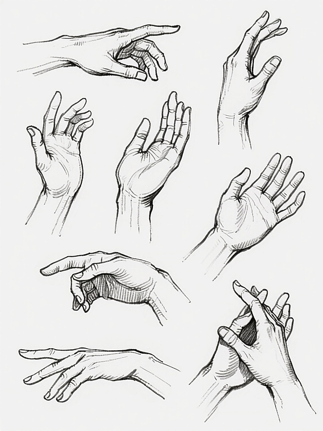 一张白色背景上的手部姿势速写集，采用干净利落的纯黑色线条绘制，线条流畅自然，富有表现力，展现了多只手的不同手势，包括手指弯曲、伸展、交叠等各种姿态，每只手的结构比例准确，关节转折清晰，手掌和手指的形态刻画细腻，整体呈现出一种动态的美感和手绘速写的艺术风格。