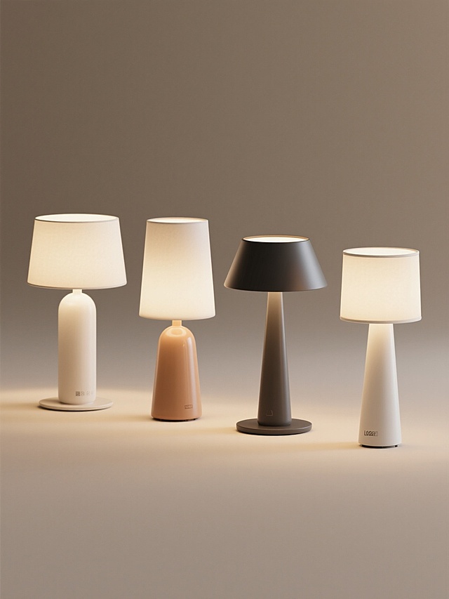 四个不同样式、不同配色、不同风格的台灯，每个台灯都具有清晰的3D渲染质感，表面光滑细腻，光影过渡自然柔和，高光与阴影细节丰富，台灯主体与背景对比鲜明，整体呈现出简约现代的设计感，纯色背景，四个台灯排列整齐，布局均衡，每个台灯的造型独特，配色各异，风格鲜明，保持统一的高质量3D渲染效果和清晰的物体轮廓，光线照射下材质表现真实，无LOGO、电话地址及二维码等无关元素。