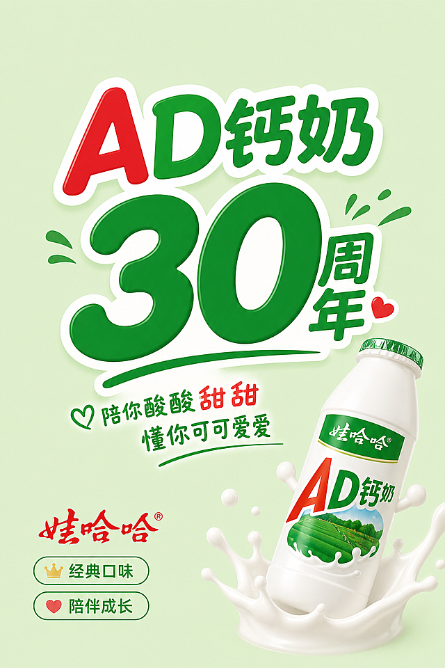 娃哈哈AD钙奶30周年品牌宣传海报，风格简约，纯色背景，画面中心突出主标题"AD钙奶30周年"，副标题"陪你酸酸甜甜 懂你可可爱爱"，左下角标注品牌"娃哈哈"，卖点标签"经典口味" "陪伴成长"，文字清晰可读，排版精美，整体风格清新可爱，符合饮料品牌周年纪念调性