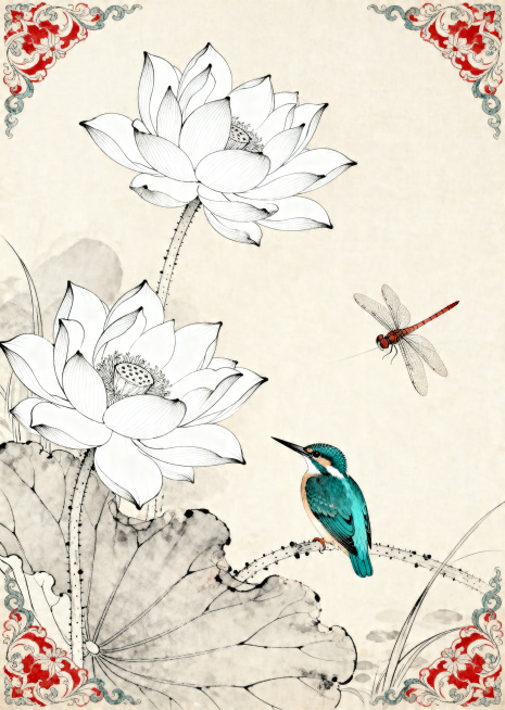 中国风古风工笔花鸟插画，中式传统国画风格，淡雅荷花，搭配翠鸟和蜻蜓，细腻白描线条，朱砂、石青复古国画配色，边角带有缠枝纹装饰，柔和底色，整体古典雅致，细节精致预览效果