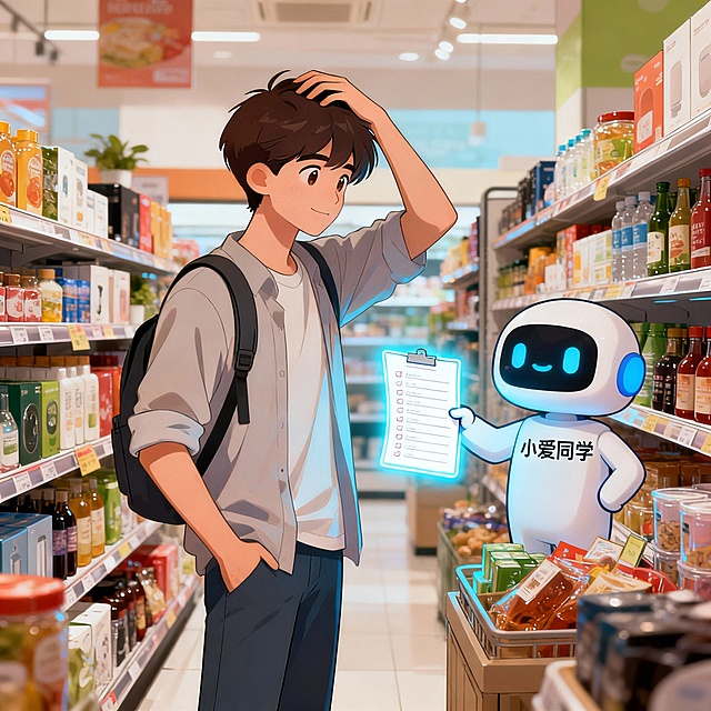 一个年轻人面对琳琅满目的商品挠头，身旁的“小爱同学”形象正自信地递出一份发光清单。
