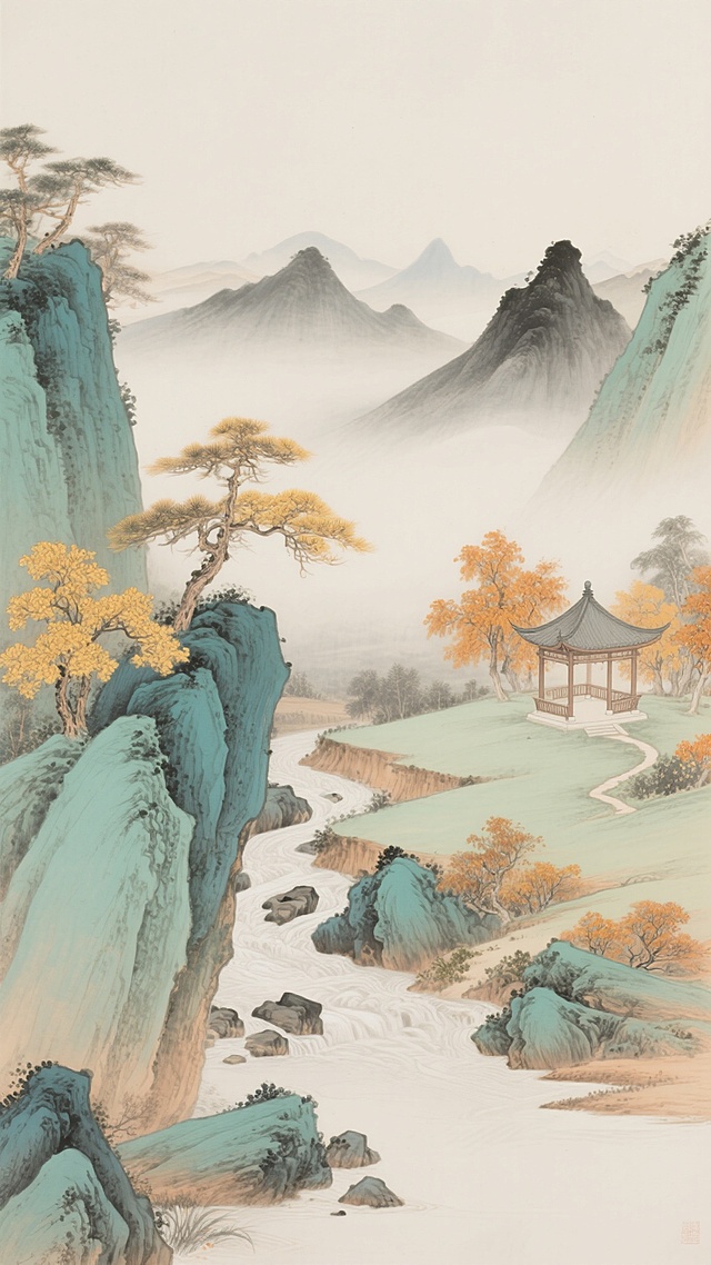 中国传统工笔山水画风，以淡赭石与青绿为主色调，柔和的漫射光源营造宁静悠远的氛围。画面布局变换为近景突出左侧陡峭蓝绿色山崖与几株金黄点缀的松树，中景蜿蜒溪流与散落山石，远景层叠淡墨山峦。右侧平缓坡地置古朴四角亭，周围点缀橙黄秋树与低矮灌木，山间小径隐约可见。整体构图注重留白与虚实相生，线条细腻流畅，山石皴法考究，呈现出典雅清幽的文人山水意境。
