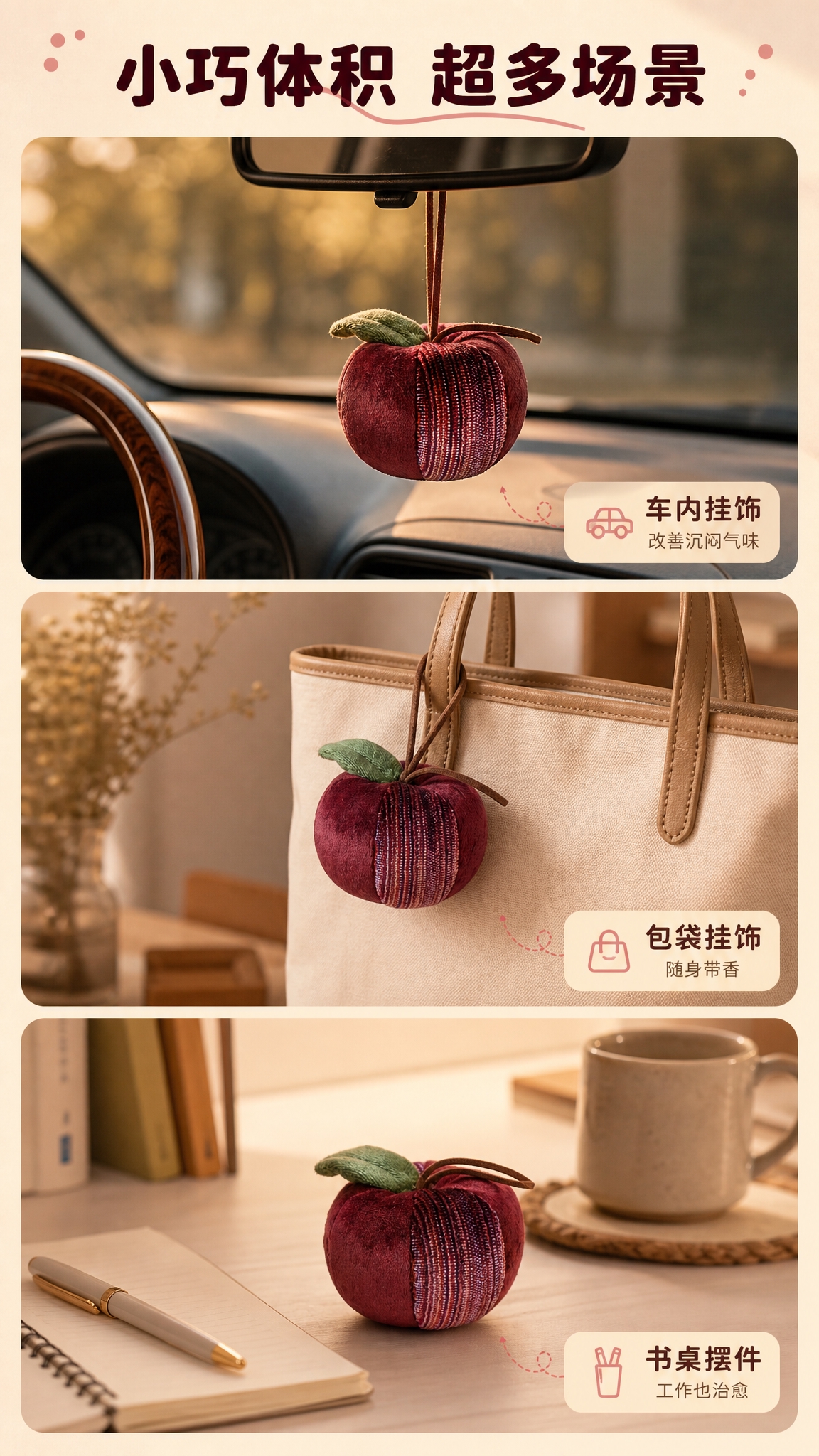 [商品] 使用【图1】【图2】酒红色丝绒苹果香薰挂件；保留苹果… - 图片创意预览
