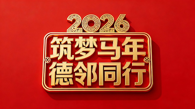 红底金字，3D浮雕质感，中式纹样点缀，大字风呈现“2026筑梦马年 德邻同行”，喜庆鎏金，尽显节日祥瑞。