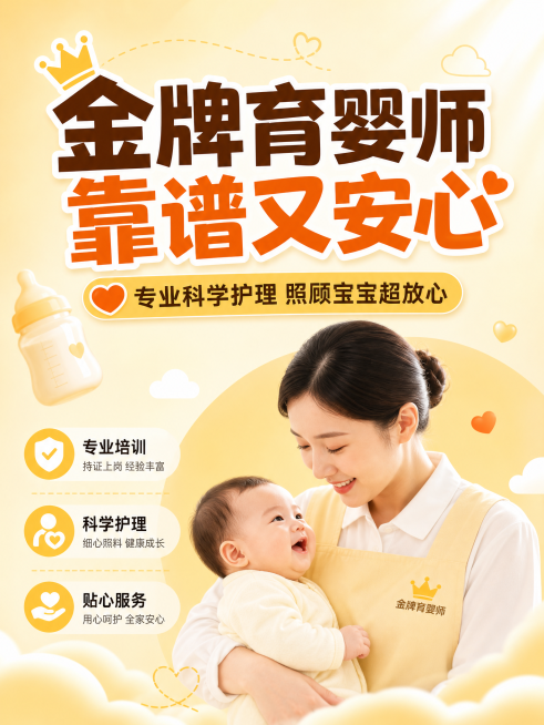 小红书封面图，暖色调温馨风格，大字体醒目标题“金牌育婴师 靠谱又安心”，副标题“专业科学护理 照顾宝宝超放心”，排版清晰简洁，适合家政公司获客吸引流量，背景用柔和淡黄色，字体加粗放大，第一眼抓住注意力预览效果