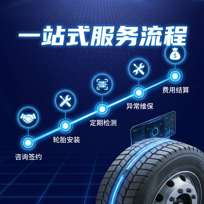 [主图 4] 全套服务流程图
[氛围风格] 清晰直观，科技感与前3张完全统一
[画质] 商业设计质感，清晰干净，文字锐利
[元素] 科技蓝网格粒子背景，中心时间轴展示完整服务流程，从咨询签约→轮胎安装预览效果