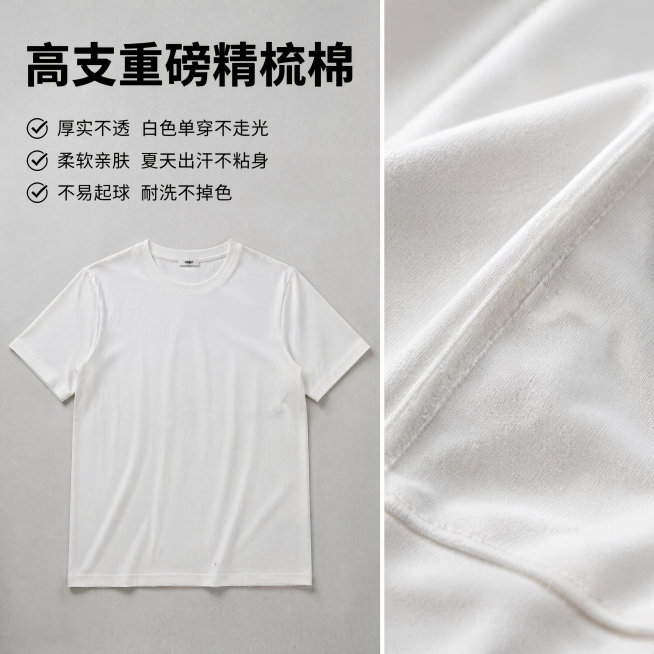 [主图-2] 纯棉T恤面料卖点展示主图。
[氛围风格] 质感突出 清晰展示面料优势；
[画质] 商业摄影质感 光线柔和通透 产品清晰真实 画面干净高级。
[元素] 左侧为T恤整体平铺展示 右侧为面料纹预览效果