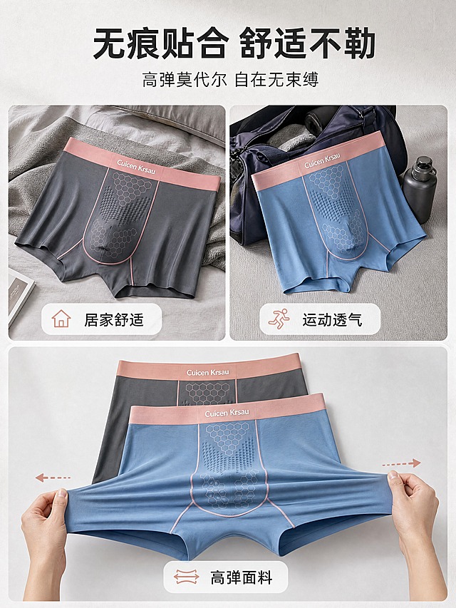 [商品] 使用【图1】深灰粉腰带款、【图2】雾霾蓝粉腰带款男士平角内裤作为产品参考；保留内裤的蜂巢纹理、Cuicen Krsau腰带Logo、莫代尔面料质感、无痕剪裁版型；商品处理：自然去皱，增强面料垂坠感和贴身质感，不改变版型颜色结构。
[画面] 目标：穿着效果展示页，通过穿搭场景与产品形态体现舒适贴合。构图：三宫格布局，左上图为深灰色内裤搭配简约家居场景（放在床品上，营造生活氛围感），右上图为雾霾蓝内裤搭配运动风场景（放在运动背包旁，体现运动也能穿），下图为两款内裤平铺叠放+面料拉伸弹力演示（双手轻轻拉开面料展示弹性）。背景为简约浅灰影棚风格，干净高级。
[视觉] 套系策略：风格=国内电商高级男士内衣商业摄影；标题字=现代无衬线粗黑体；正文字=简洁无衬线体；主色=深灰+雾霾蓝；背景延展=浅灰到米白的柔和渐变，带细腻织物纹理；强调色=珊瑚粉，仅用于小面积图标、引线和标签；标题色=深炭灰；正文色=中灰；组件=圆角浅底信息卡、细线引线、简约图标；光影=左前侧柔和自然光，产品立体感强。
[文字] 顶部主标题"无痕贴合 舒适不勒"，副标题"高弹莫代尔 自在无束缚"，每张小图标注场景：「居家舒适」「运动透气」「高弹面料」，文字横向排版，简洁明了。
[规格] 图片比例3:4竖版，4K，避免变形、错字、文字过小、低俗擦边、颜色改变、版型失真、极限词。