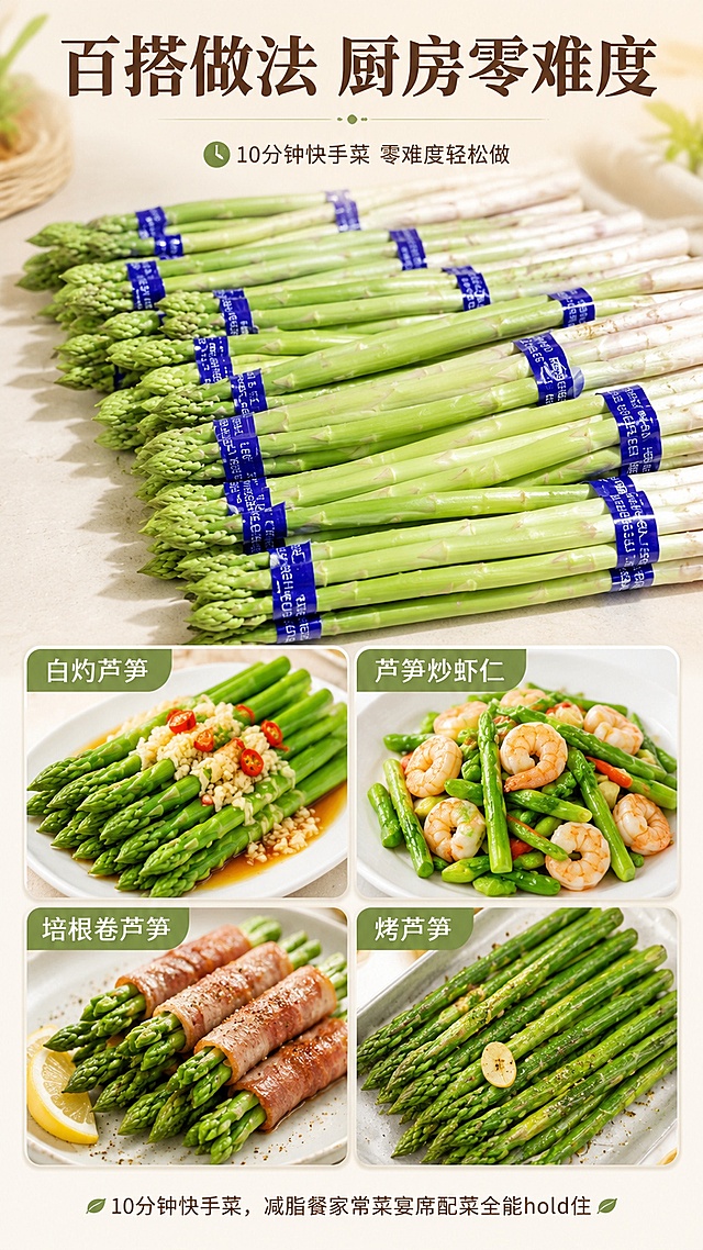 使用商品详情页技能根据商品图「图片1」「图片1」「图片1」「图片1」「图片1」「图片1」「图片1」「图片1」「图片1」「图片1」生成详情页，参考图为，商品名称为芦笋，卖点为① 源头好笋，现挖现发不隔夜 正宗芦笋产地沙壤土培育，土层疏松笋肉饱满多汁；每天清晨露水未干人工采摘，拒绝冷库囤积陈笋，现挖现打包，锁住刚出土的鲜甜，全程不泡水增重，每一根自带自然青草香。人工分层筛选，去掉空心、发黄、弯曲老笋，提前切掉木质老根，到手几乎零损耗。 ② 脆嫩无丝，全家都爱吃 精选闭合嫩笋尖，肉质细嫩，没有粗硬粗纤维，不用削皮，清水冲洗就能烹饪；咬开爆汁，清甜回甘，完全没有普通芦笋的苦涩渣感。细分粗细两款：细笋细软适合宝宝辅食、白灼凉拌；粗笋肉厚耐炒，烧烤、搭配培根、家常菜、西餐都合适。 ③ 蔬菜之王，多人群营养刚需 低热量高膳食纤维，减脂期、控糖人群代餐首选；富含叶酸、硒、钾、多种维生素与氨基酸，孕妈补充营养、老人疏通肠道、小孩均衡膳食；温和不刺激肠胃，大鱼大肉后清腻解油，日常清淡饮食必备。 ④ 冷链全套锁鲜，售后无忧不怕坏 加厚保温泡沫箱 + 足量冰袋 + 吸水保鲜纸三层锁鲜，运输途中防止脱水、发黑、腐烂；产地直发省去多层差价，线上价格远低于线下商超菜市场。收货 24 小时内，出现发黑、软烂、断笋，拍照 + 快递面单直接赔付，坏多少赔多少，购物无风险。 ⑤ 百搭简易做法，厨房零难度 10 分钟快手菜：白灼蘸生抽、芦笋炒虾仁、培根卷芦笋、空气炸锅烤芦笋、炖汤、包饺子馅料；低脂少油也好吃，减脂餐、家常小炒、节日宴席配菜全能 hold 住，一年四季餐桌常备鲜蔬。，适配平台为拼多多，图片比例为9:16，需求屏数为8张，