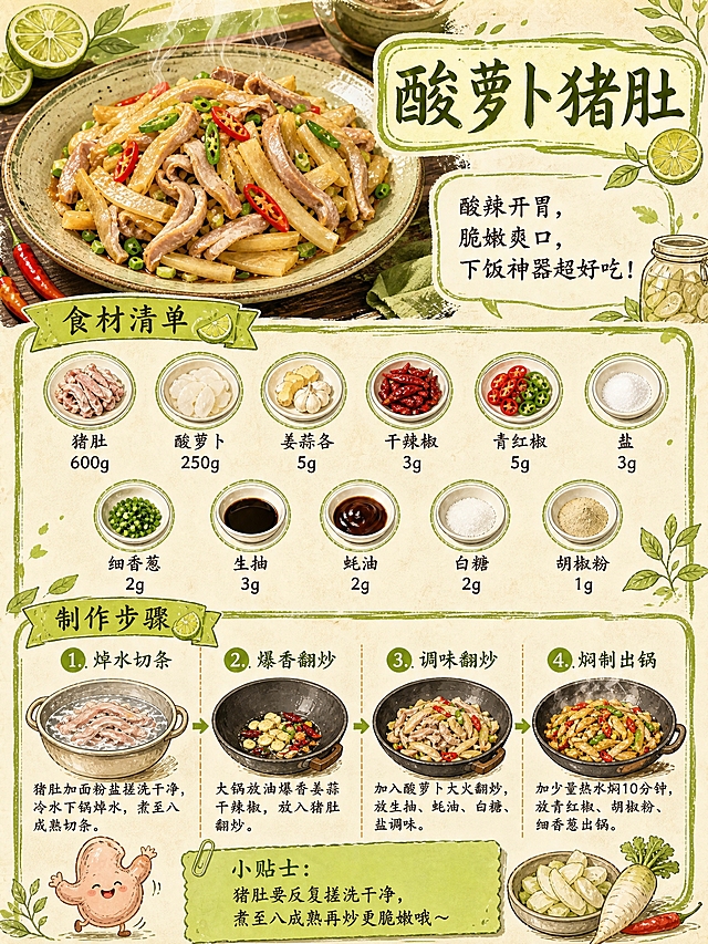 参照参考图的版式骨架和手绘食谱风格，重新设计一款酸萝卜炒猪肚的菜谱制作步骤海报，换一个全新的色调和风格（酸橙色+米白色系，酸辣开胃风格，复古手绘风）。

版式严格参照参考图结构，从上到下依次为：
1. 顶部：一盘酸辣诱人的酸萝卜炒猪肚美食实拍图，猪肚脆嫩，酸萝卜酸爽，搭配青红椒和葱花，色泽鲜亮，热气腾腾，摆放在古朴的盘子里，右上角有手写风格标题框，写着「酸萝卜猪肚」五个大字。标题下方右侧有一句描述语：「酸辣开胃，脆嫩爽口，下饭神器超好吃！」
2. 食材清单区：酸橙色丝带标签写着「食材清单」，下方11个圆形食材小图分两排排列，每个圆图下方标注食材名和克数，依次为：「猪肚 600g」「酸萝卜 250g」「姜蒜各 5g」「干辣椒 3g」「青红椒 5g」「盐 3g」「细香葱 2g」「生抽 3g」「蚝油 2g」「白糖 2g」「胡椒粉 1g」
3. 制作步骤区：酸橙色丝带标签写着「制作步骤」，下方分4步横向排列，每步有编号+小标题+小图+说明文字：
「1. 焯水切条」猪肚加面粉盐搓洗干净，冷水下锅焯水，煮至八成熟切条。
「2. 爆香翻炒」大锅放油爆香姜蒜干辣椒，放入猪肚翻炒。
「3. 调味翻炒」加入酸萝卜大火翻炒，放生抽、蚝油、白糖、盐调味。
「4. 焖制出锅」加少量热水焖10分钟，放青红椒、胡椒粉、细香葱出锅。
4. 底部小贴士区：酸橙色便签样式，写着「小贴士：猪肚要反复搓洗干净，煮至八成熟再炒更脆嫩哦～」，旁边配可爱的猪肚或酸萝卜小插画。

整体风格：酸辣开胃复古手绘风，酸橙+米白为主色调，米黄色做旧纸张质感背景，植物枝叶装饰，可爱手写字体，排版精美，所有文字清晰可读。

画面中必须完整呈现以下文字信息：酸萝卜猪肚、酸辣开胃，脆嫩爽口，下饭神器超好吃！、食材清单、猪肚600g、酸萝卜250g、姜蒜各5g、干辣椒3g、青红椒5g、盐3g、细香葱2g、生抽3g、蚝油2g、白糖2g、胡椒粉1g、制作步骤、1.焯水切条 猪肚加面粉盐搓洗干净，冷水下锅焯水，煮至八成熟切条。、2.爆香翻炒 大锅放油爆香姜蒜干辣椒，放入猪肚翻炒。、3.调味翻炒 加入酸萝卜大火翻炒，放生抽、蚝油、白糖、盐调味。、4.焖制出锅 加少量热水焖10分钟，放青红椒、胡椒粉、细香葱出锅。、小贴士：猪肚要反复搓洗干净，煮至八成熟再炒更脆嫩哦～
所有数字必须精确渲染，不得出现错字、漏字。