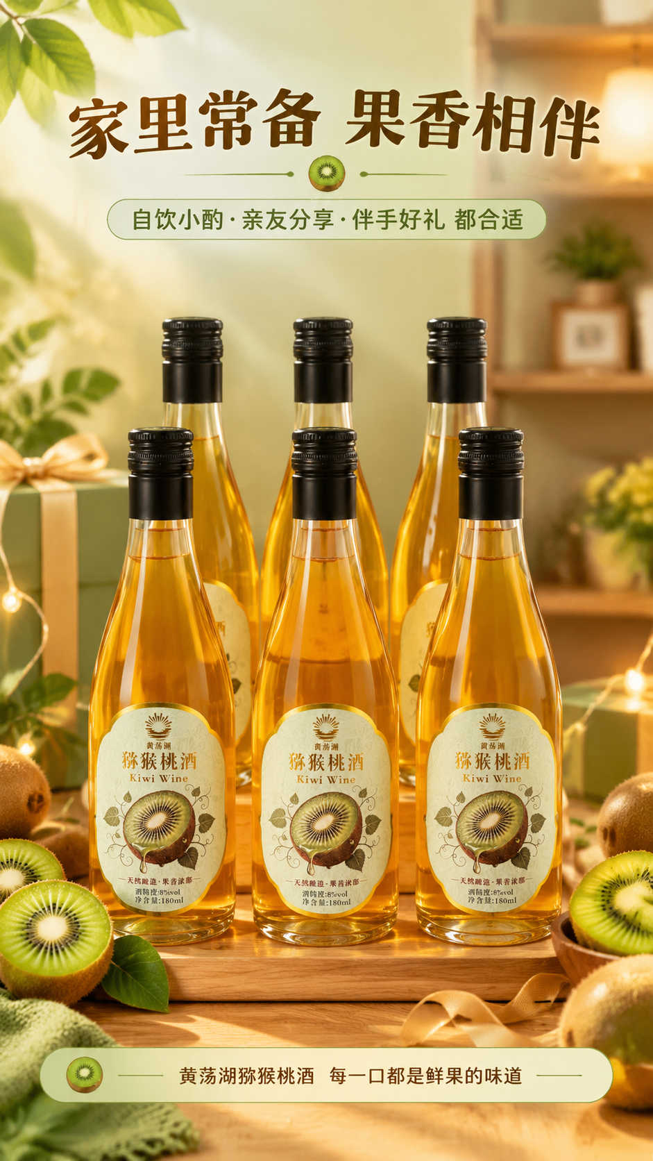 [商品] 使用【图1】黄荡湖牌猕猴桃酒，6瓶整齐排列成两排三列… - 图片创意预览
