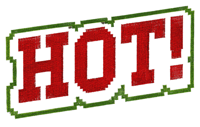 参考原图风格，重新生成像素文字HOT!，改为红绿配色，市井风，黑色背景，复古粗体像素字体