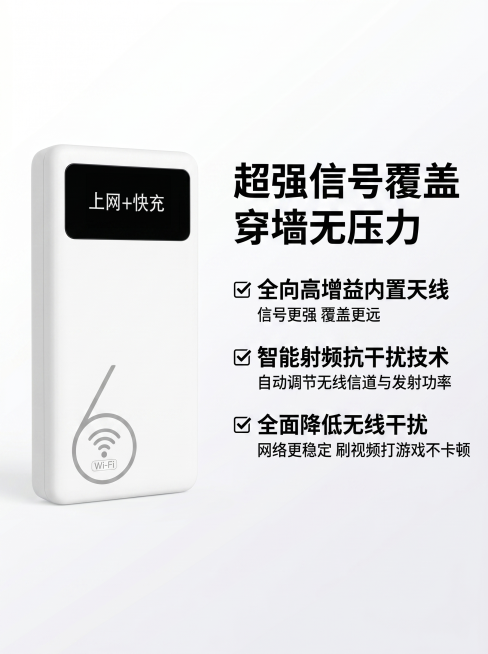 基于参考图，1:1精准还原4GMIFI15随身WiFi产品外观：白色哑光圆角机身，正面黑色'上网+快充'数显屏，机身WiFi6标识，仅展示产品正面，不展示其他角度。商业产品精修摄影质感，8K超写实，影预览效果