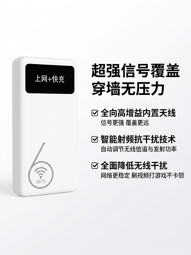 基于参考图，1:1精准还原4GMIFI15随身WiFi产品外观：白色哑光圆角机身，正面黑色'上网+快充'数显屏，机身WiFi6标识，仅展示产品正面，不展示其他角度。商业产品精修摄影质感，8K超写实，影棚级柔和立体光影，纯白极简浅灰色渐变无场景背景，无人物、无多余装饰元素。生成信号核心优势详情图，比例为3:4竖版，900*1200像素。产品主体居画面左侧，占画面宽度30%；画面右侧排版：主标题为'超强信号覆盖 穿墙无压力'，核心卖点：✅ 全向高增益内置天线 信号更强 覆盖更远；✅ 智能射频抗干扰技术 自动调节无线信道与发射功率；✅ 全面降低无线干扰 网络更稳定 刷视频打游戏不卡顿。所有文案统一使用粗体醒目无衬线字体，排版整洁，产品主体清晰无变形。