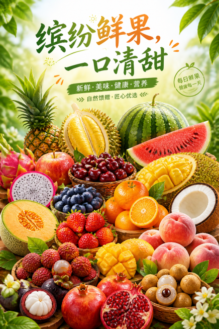 一张竖版水果宣传海报，海报上包含各种各样的新鲜水果：苹果、西瓜、榴莲、车厘子、菠萝蜜、火龙果、桔子、凤梨、蓝莓、草莓、哈蜜瓜、桃子、荔枝、龙眼、芒果、山竹、石榴、椰子等多种水果，水果色泽鲜艳漂亮，个个预览效果